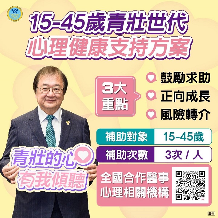 「15-45歲青壯世代心理健康支持方案」8/1正式上路